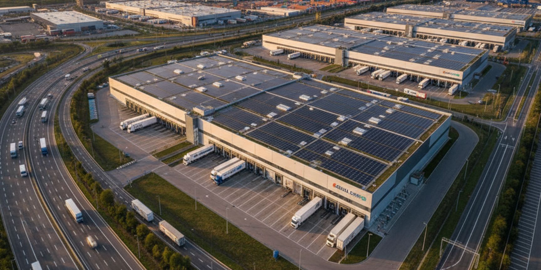Aerial view of a modern business park at sunset, with several large logistics halls equipped with solar panels on the roofs. Numerous trucks are parked at the loading ramps, and a well-developed motorway junction leads directly into the park. In the background, other industrial plants and a port can be seen, which underlines the importance of transport connections for warehouse logistics.